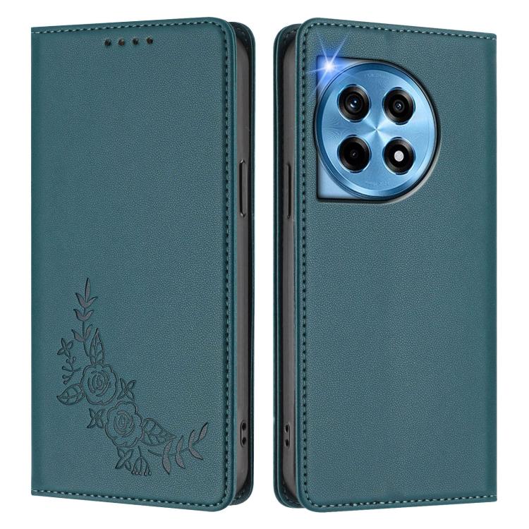 For OnePlus 12 5G Peony Embossed Magnetic RFID Vegan Leather Phone Case