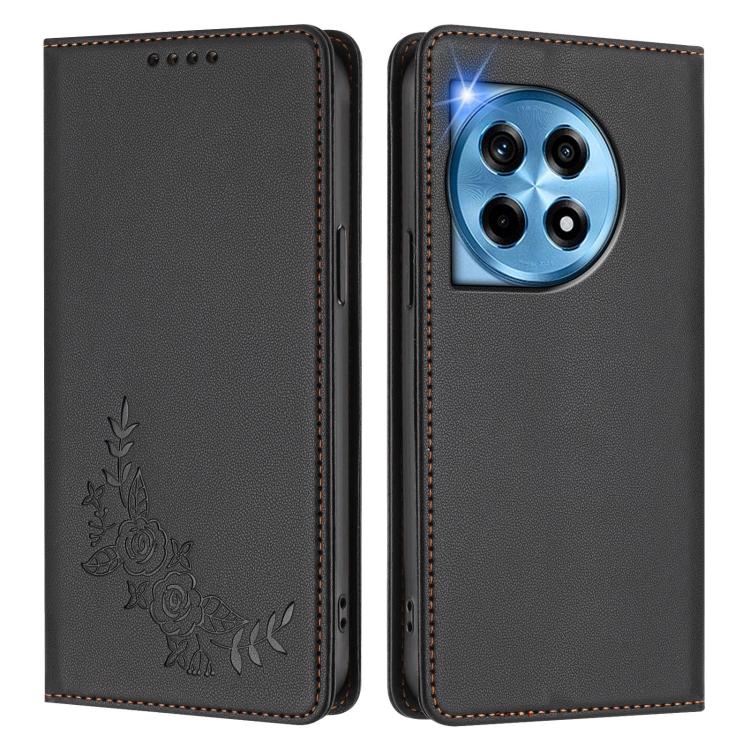 For OnePlus 12 5G Peony Embossed Magnetic RFID Vegan Leather Phone Case