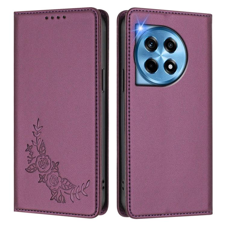 For OnePlus 12R 5G / Ace 3 5G Peony Embossed Magnetic RFID Vegan Leather Phone Case