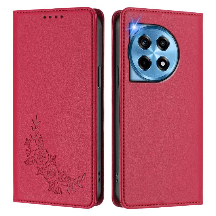 For OnePlus 12R 5G / Ace 3 5G Peony Embossed Magnetic RFID Vegan Leather Phone Case