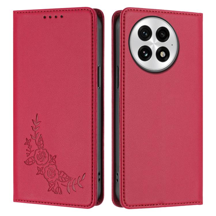 For OnePlus 13 Peony Embossed Magnetic RFID Vegan Leather Phone Case