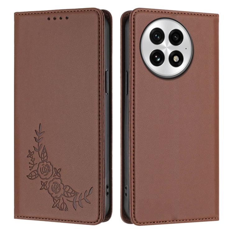 For OnePlus 13 Peony Embossed Magnetic RFID Vegan Leather Phone Case