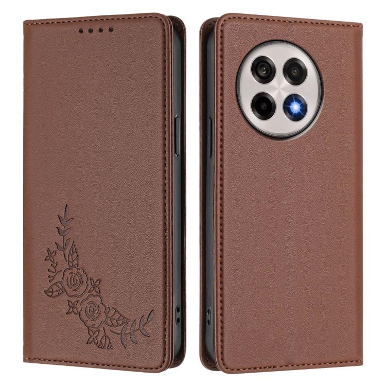 For OnePlus 13R / Ace 5 / Ace 5 Pro Peony Embossed Magnetic RFID Vegan Leather Phone Case
