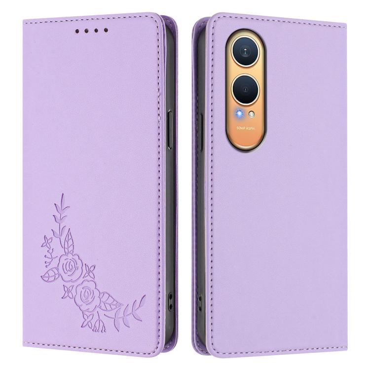 For OnePlus Nord CE4 Lite 5G Peony Embossed Magnetic RFID Vegan Leather Phone Case