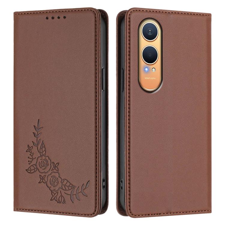 For OnePlus Nord CE4 Lite 5G Peony Embossed Magnetic RFID Vegan Leather Phone Case