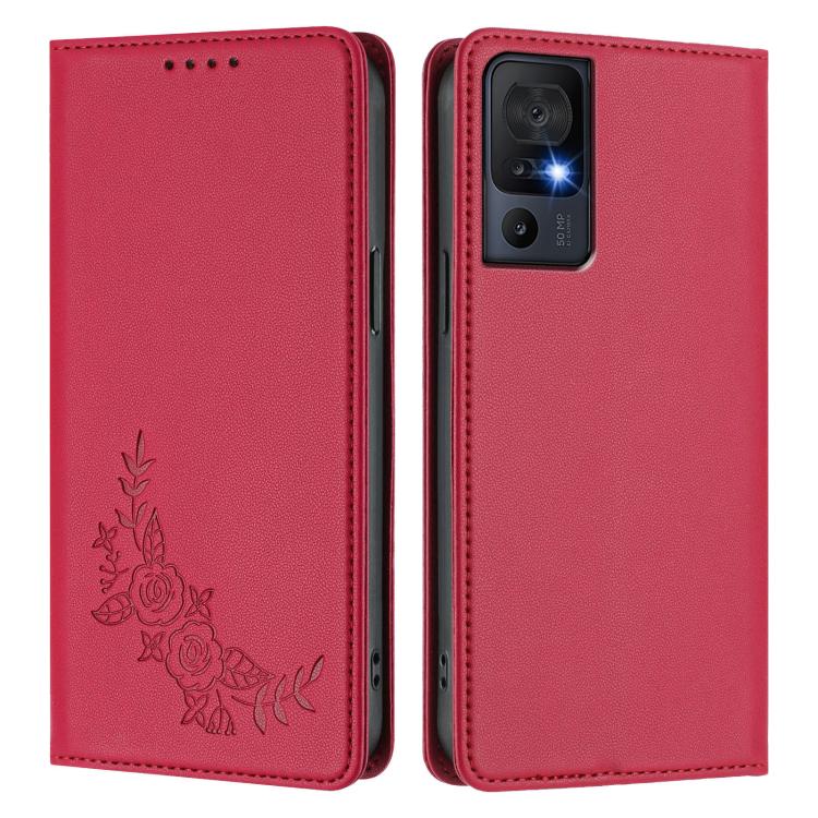 For TCL 40 SE Peony Embossed Magnetic RFID Vegan Leather Phone Case