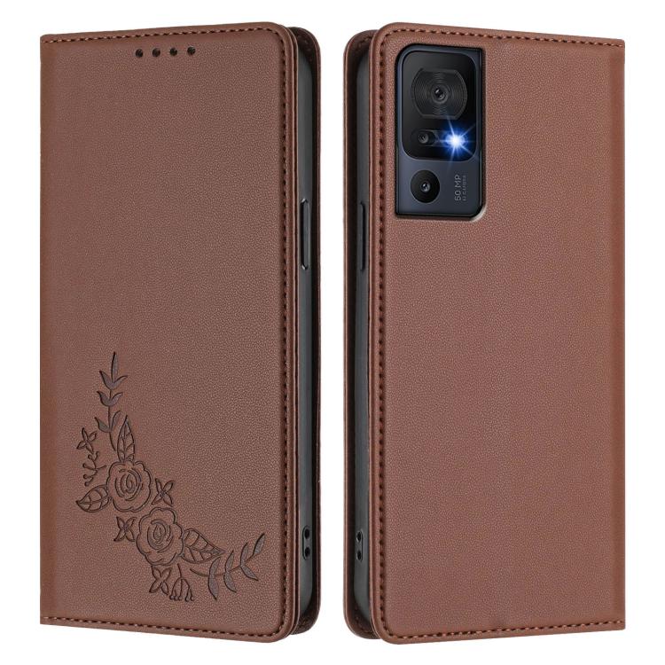 For TCL 40 SE Peony Embossed Magnetic RFID Vegan Leather Phone Case