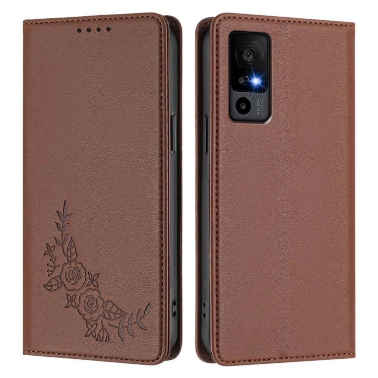 For TCL 40 R Peony Embossed Magnetic RFID Vegan Leather Phone Case