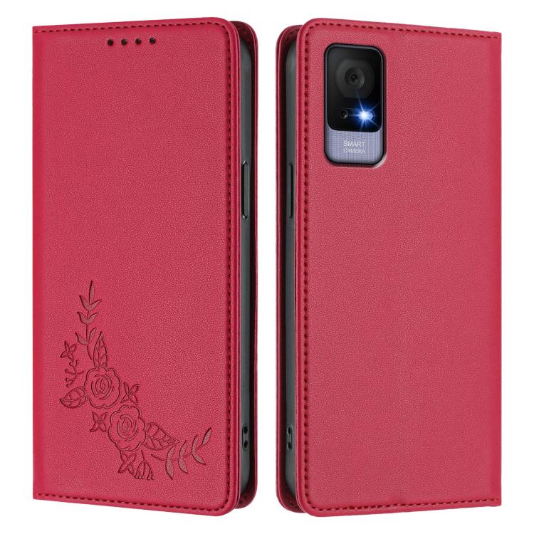 For TCL 405 / 406 / 406s / 408 Peony Embossed Magnetic RFID Vegan Leather Phone Case