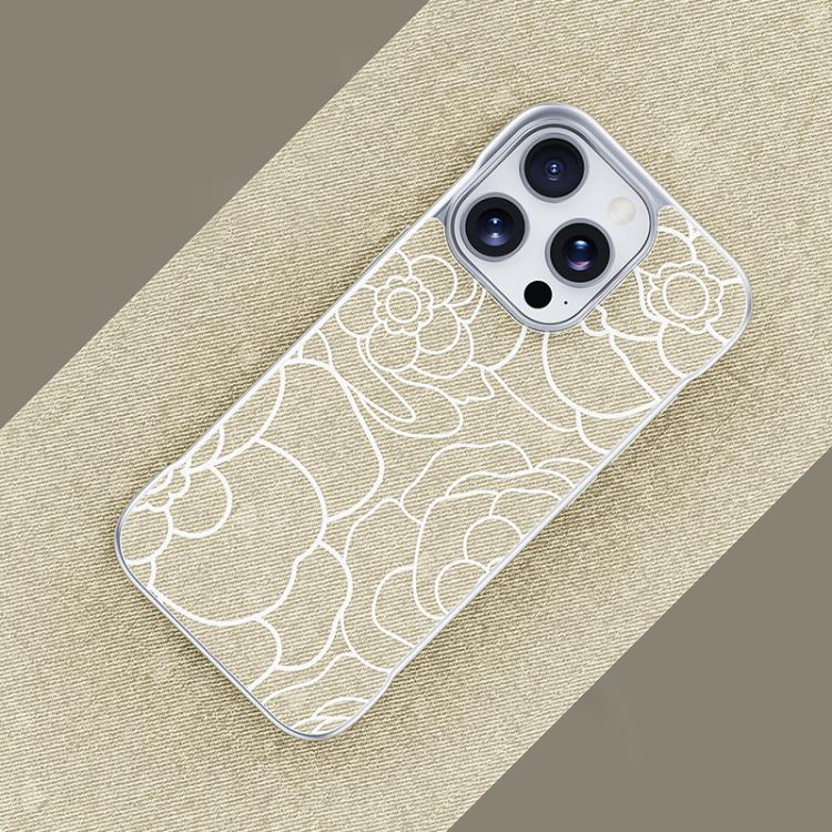 For iPhone 16 Pro Max Embossed Camellia Flower Linen Fabric Magnetic Half Coverage Phone Case