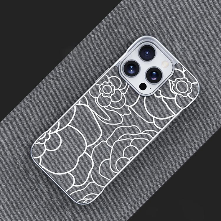 For iPhone 16 Pro Embossed Camellia Flower Linen Fabric Magnetic Half Coverage Phone Case