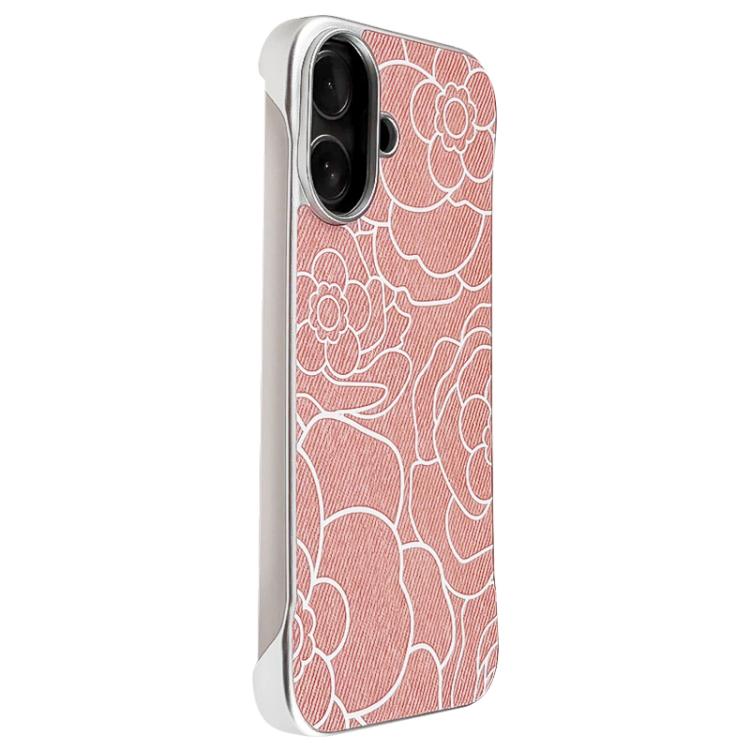 For iPhone 16 Plus Embossed Camellia Flower Linen Fabric Magnetic Half Coverage Phone Case