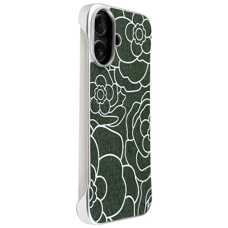 For iPhone 16 Plus Embossed Camellia Flower Linen Fabric Magnetic Half Coverage Phone Case
