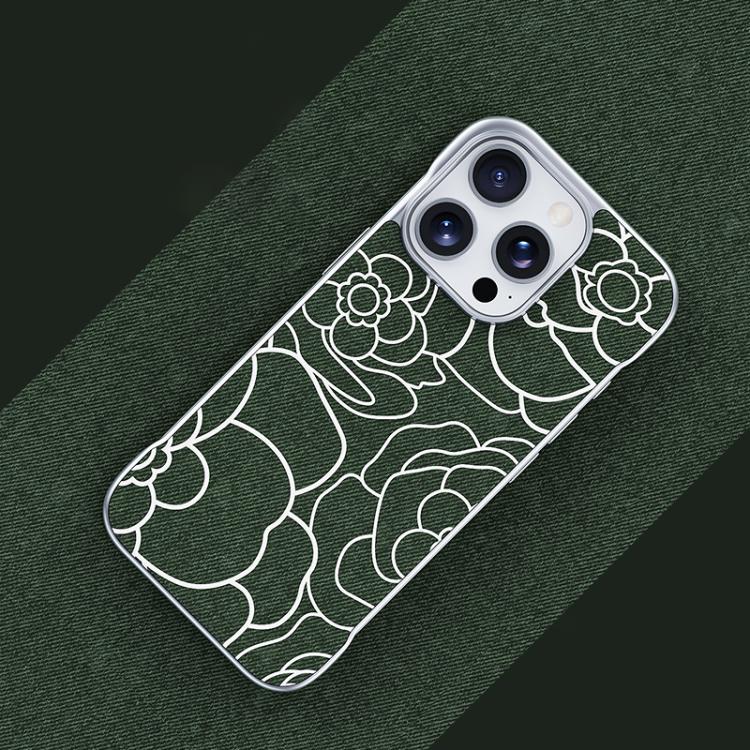 For iPhone 15 Pro Max Embossed Camellia Flower Linen Fabric Magnetic Half Coverage Phone Case