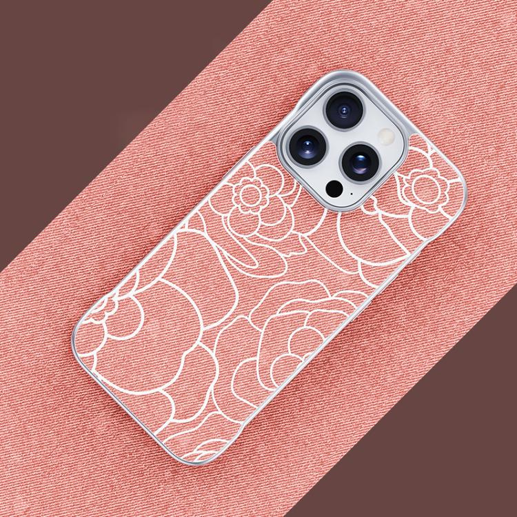 For iPhone 15 Pro Embossed Camellia Flower Linen Fabric Magnetic Half Coverage Phone Case