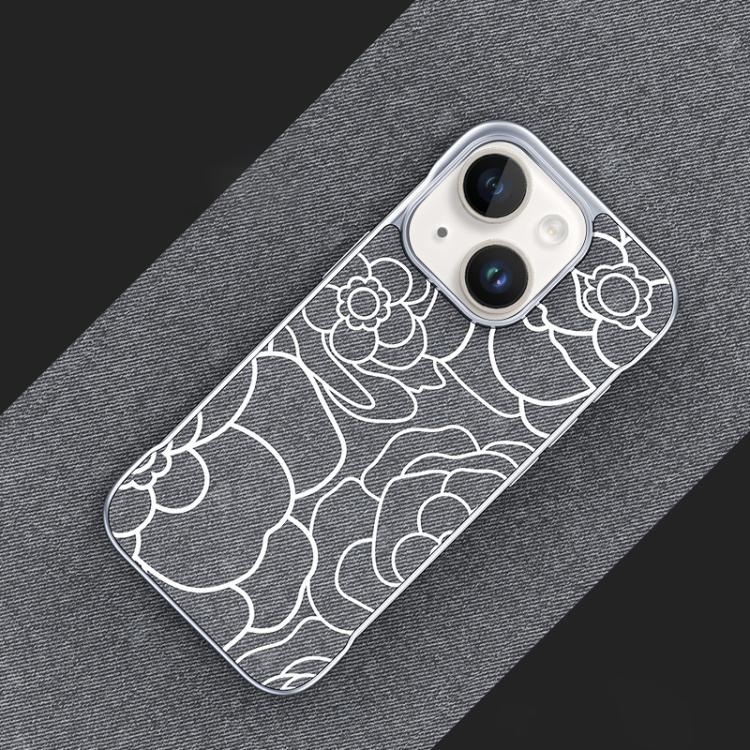 For iPhone 15 Embossed Camellia Flower Linen Fabric Magnetic Half Coverage Phone Case
