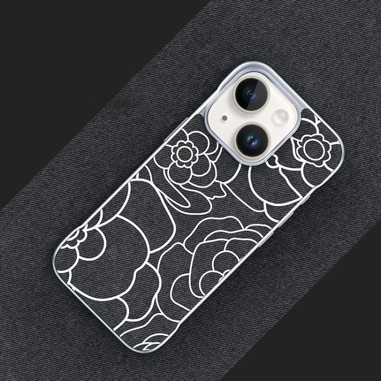 For iPhone 15 Embossed Camellia Flower Linen Fabric Magnetic Half Coverage Phone Case