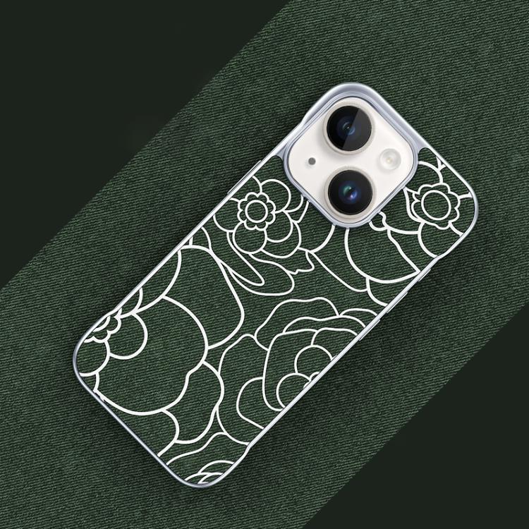For iPhone 15 Embossed Camellia Flower Linen Fabric Magnetic Half Coverage Phone Case