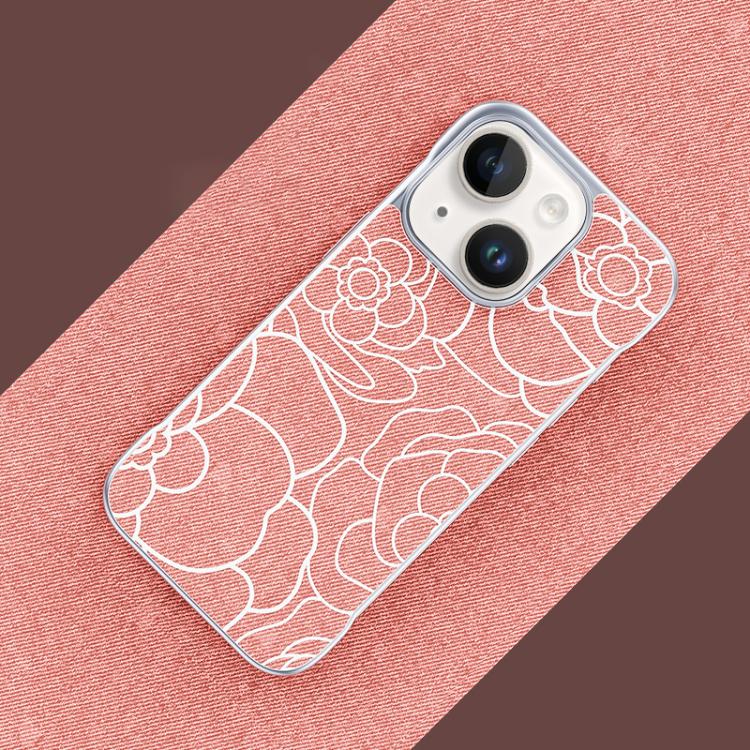 For iPhone 14 / 13 Embossed Camellia Flower Linen Fabric Magnetic Half Coverage Phone Case
