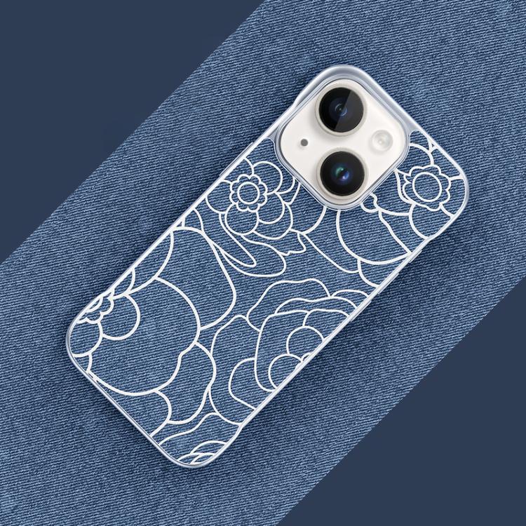 For iPhone 14 / 13 Embossed Camellia Flower Linen Fabric Magnetic Half Coverage Phone Case