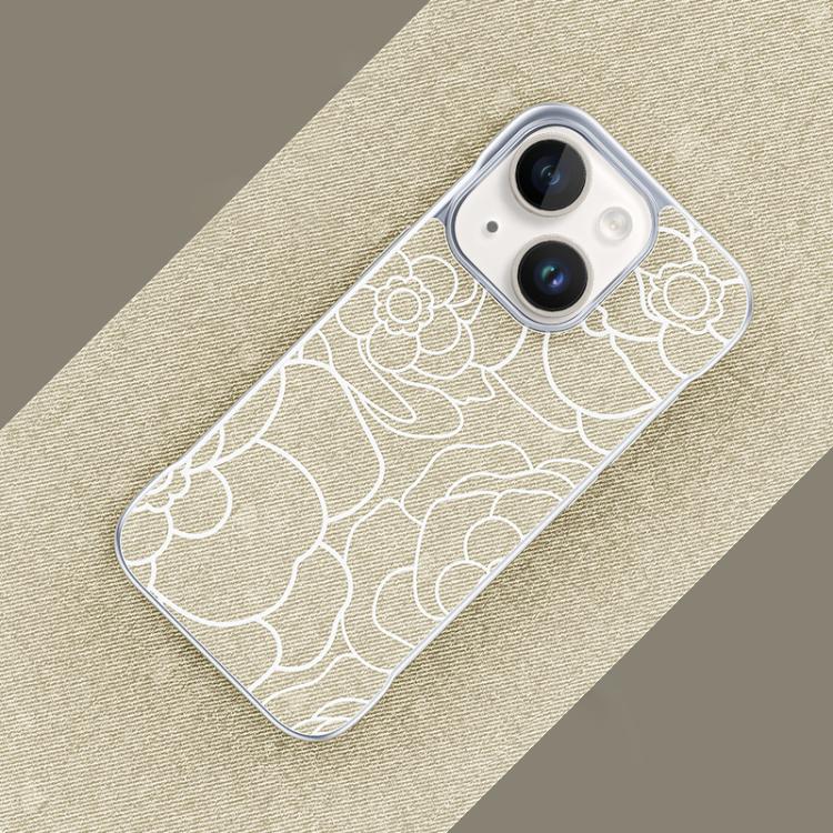 For iPhone 14 / 13 Embossed Camellia Flower Linen Fabric Magnetic Half Coverage Phone Case