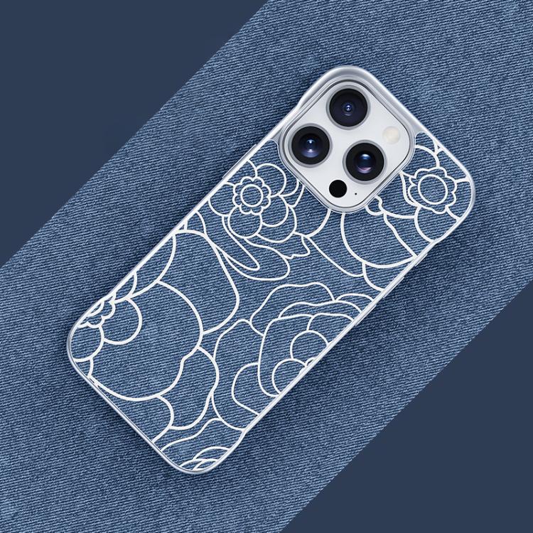 For iPhone 14 Pro Max Embossed Camellia Flower Linen Fabric Magnetic Half Coverage Phone Case