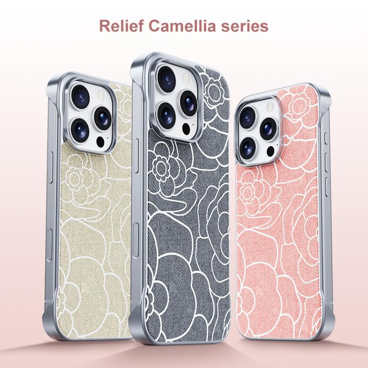For iPhone 17 Pro Embossed Camellia Flower Linen Fabric Magnetic Half Coverage Phone Case