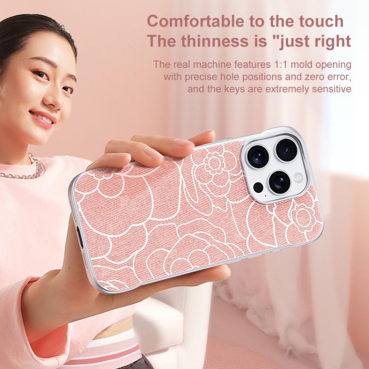 For iPhone 17 Pro Embossed Camellia Flower Linen Fabric Magnetic Half Coverage Phone Case
