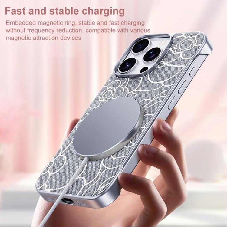 For iPhone 17 Pro Embossed Camellia Flower Linen Fabric Magnetic Half Coverage Phone Case