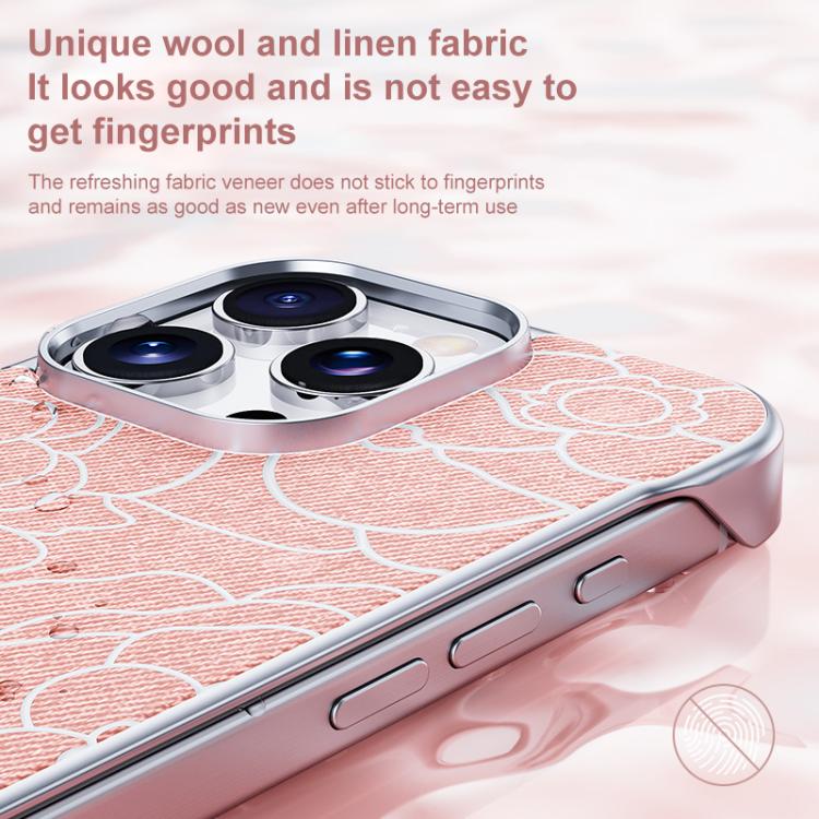 For iPhone 17 Pro Embossed Camellia Flower Linen Fabric Magnetic Half Coverage Phone Case