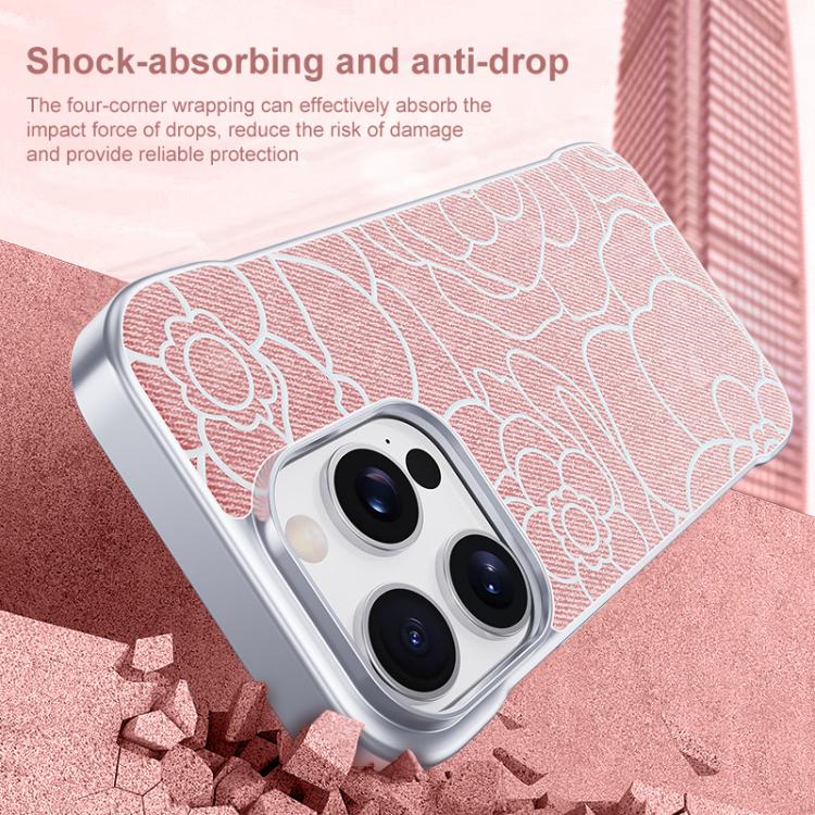 For iPhone 17 Pro Embossed Camellia Flower Linen Fabric Magnetic Half Coverage Phone Case