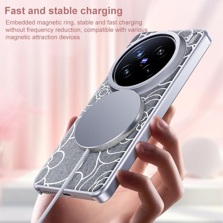 For vivo X300 Embossed Camellia Wool Linen Fabric Magnetic Three Guarantees Phone Case