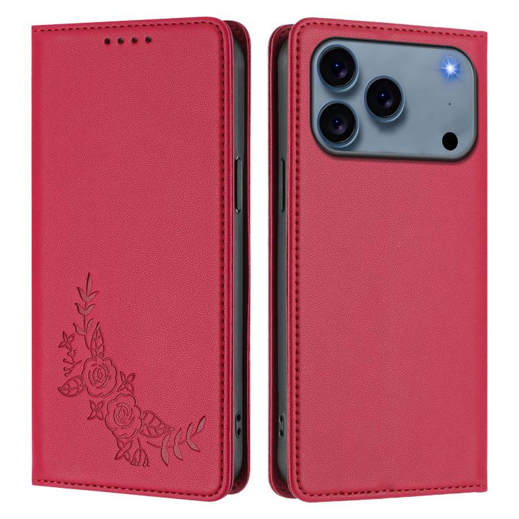 For iPhone 17 Pro Peony Embossed Magnetic RFID Vegan Leather Phone Case