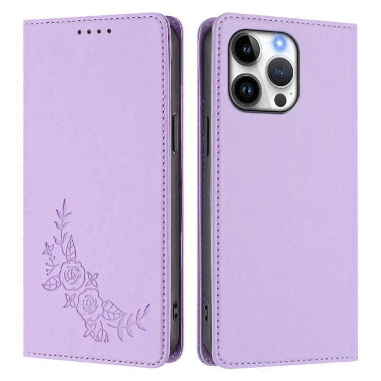 For iPhone 16 Pro Max Peony Embossed Magnetic RFID Vegan Leather Phone Case