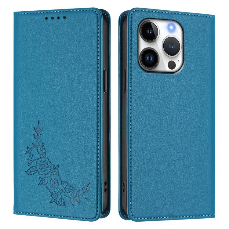For iPhone 16 Pro Peony Embossed Magnetic RFID Vegan Leather Phone Case