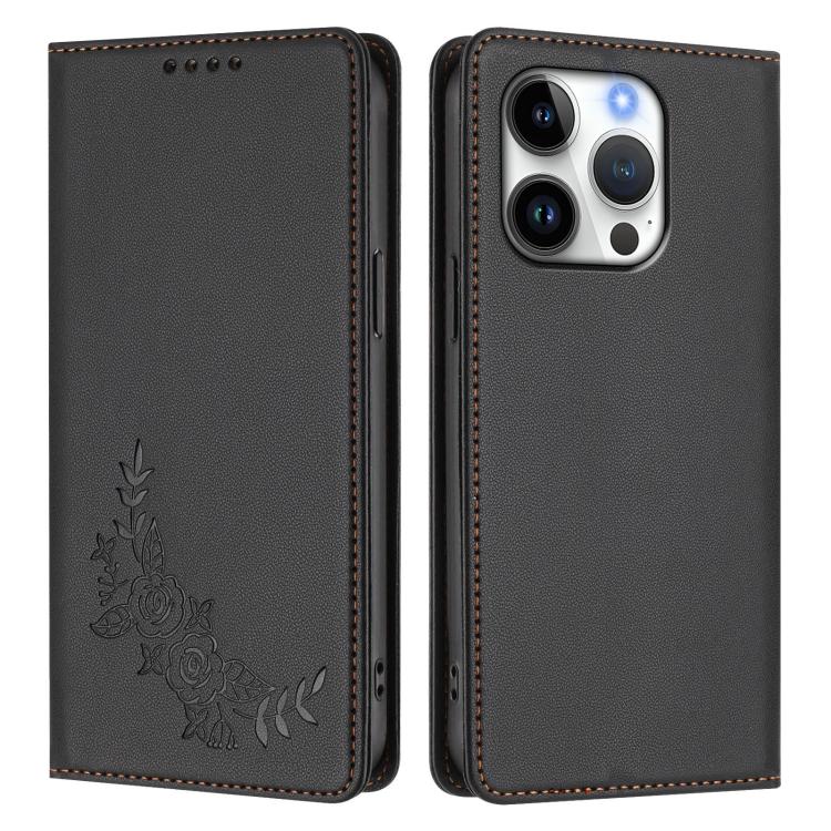 For iPhone 16 Pro Peony Embossed Magnetic RFID Vegan Leather Phone Case