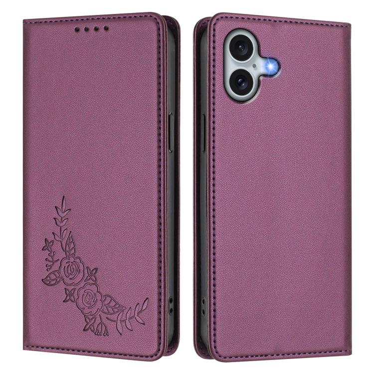 For iPhone 16 Plus Peony Embossed Magnetic RFID Vegan Leather Phone Case