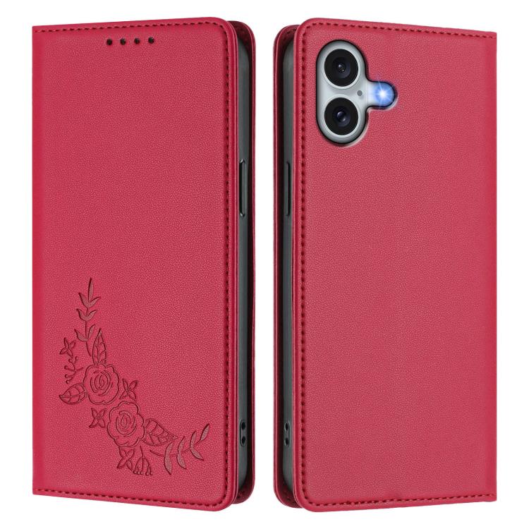 For iPhone 16 Plus Peony Embossed Magnetic RFID Vegan Leather Phone Case