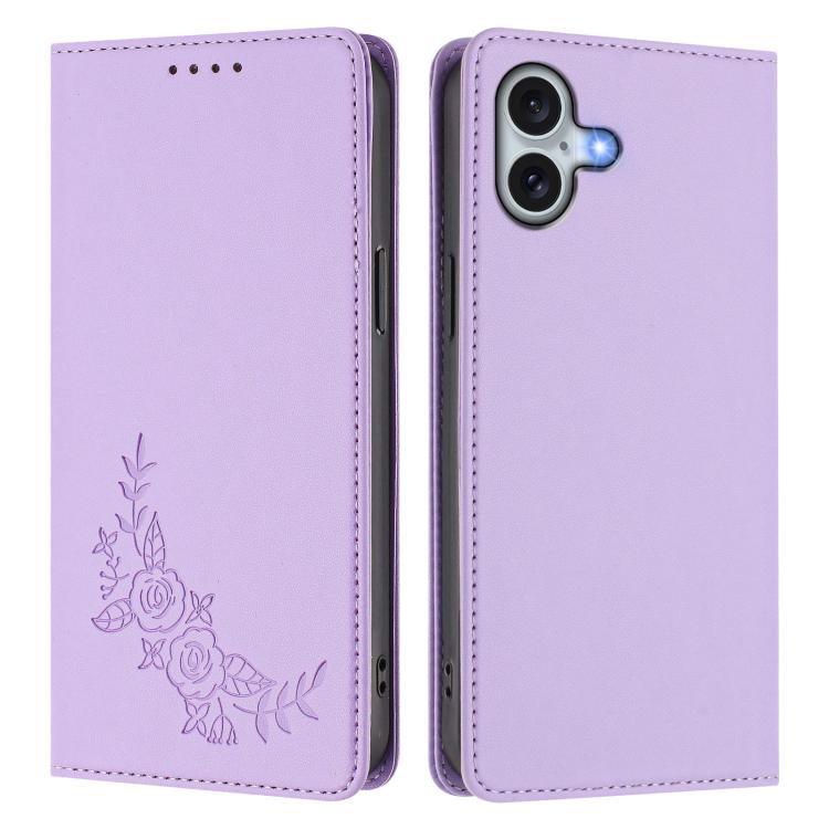 For iPhone 16 Plus Peony Embossed Magnetic RFID Vegan Leather Phone Case