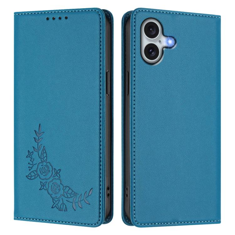 For iPhone 16 Plus Peony Embossed Magnetic RFID Vegan Leather Phone Case