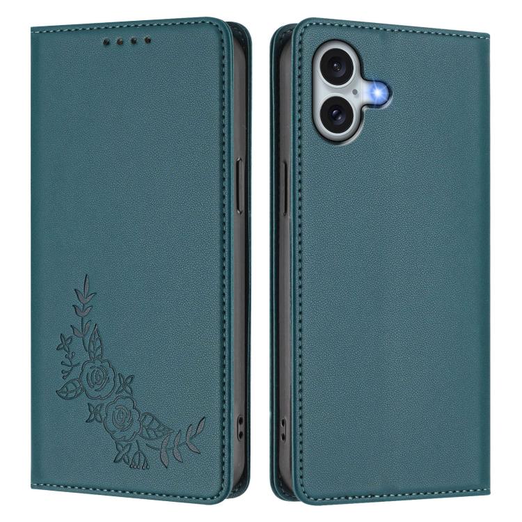 For iPhone 16 Plus Peony Embossed Magnetic RFID Vegan Leather Phone Case