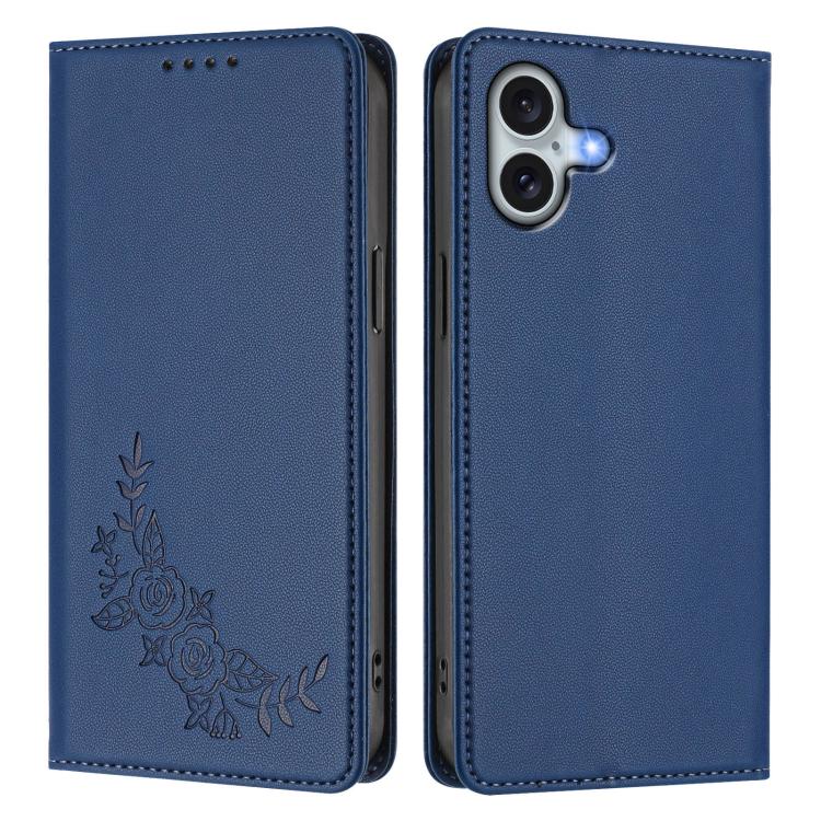 For iPhone 16 Plus Peony Embossed Magnetic RFID Vegan Leather Phone Case