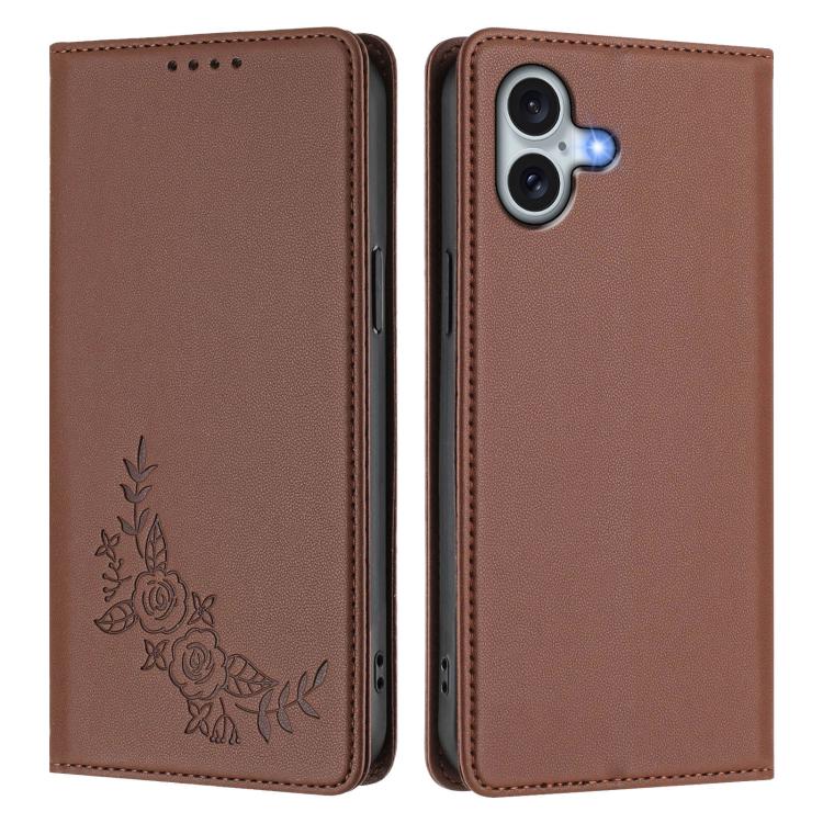 For iPhone 16 Plus Peony Embossed Magnetic RFID Vegan Leather Phone Case