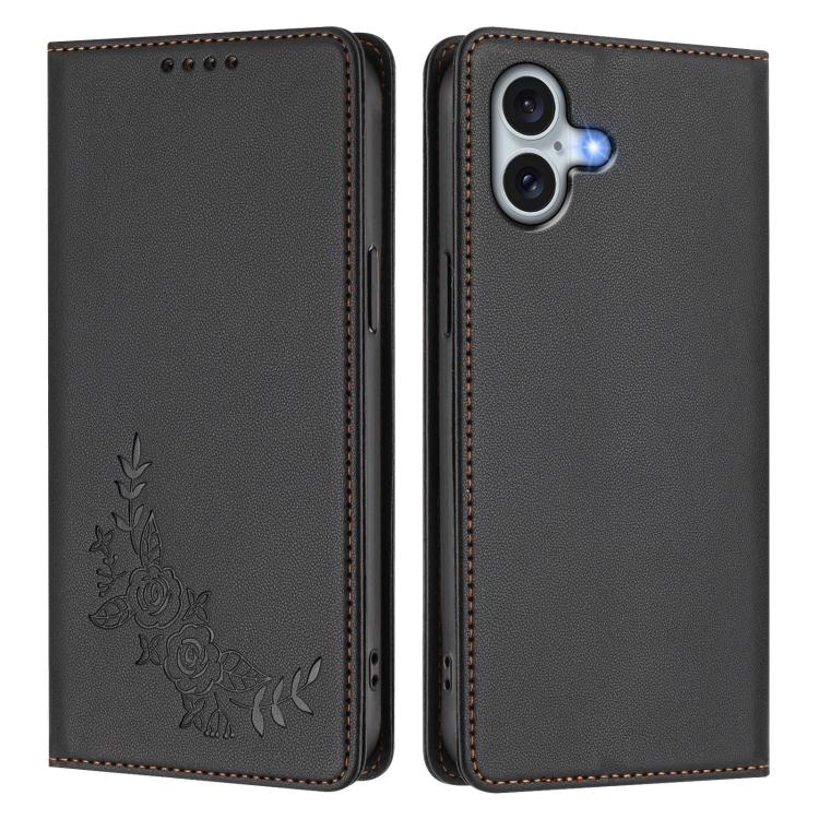 For iPhone 16 Plus Peony Embossed Magnetic RFID Vegan Leather Phone Case