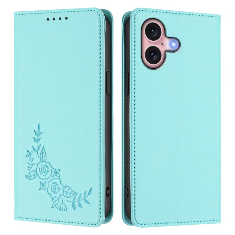 For iPhone 16 Peony Embossed Magnetic RFID Vegan Leather Phone Case
