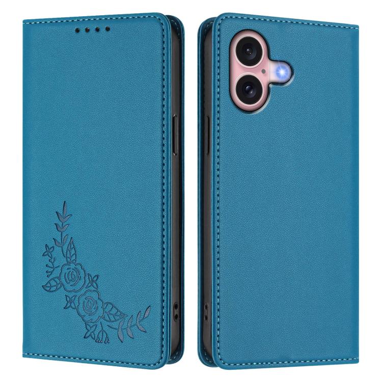 For iPhone 16 Peony Embossed Magnetic RFID Vegan Leather Phone Case
