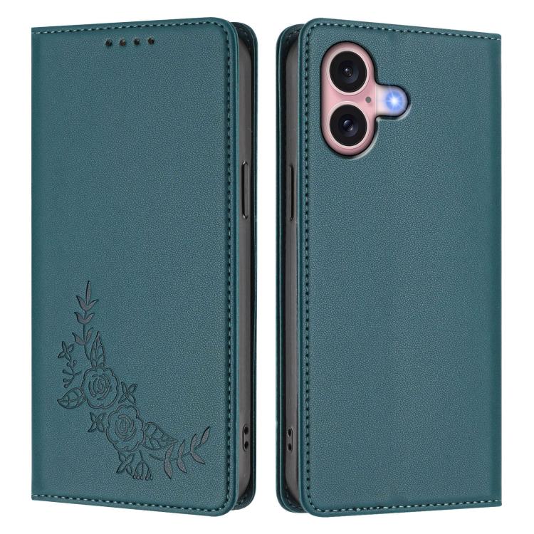 For iPhone 16 Peony Embossed Magnetic RFID Vegan Leather Phone Case