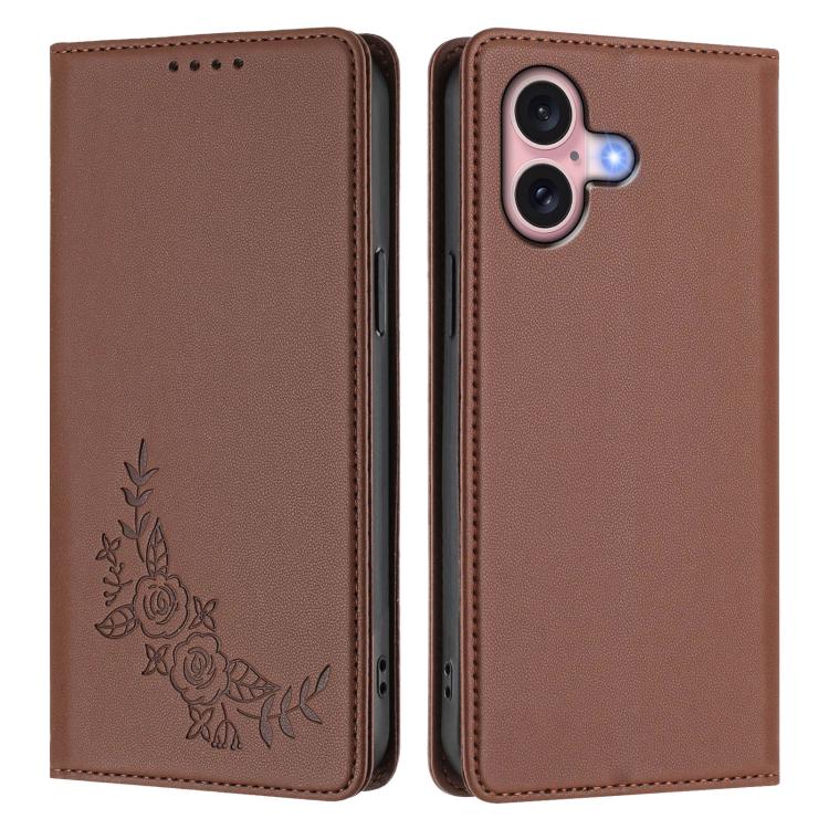 For iPhone 16 Peony Embossed Magnetic RFID Vegan Leather Phone Case
