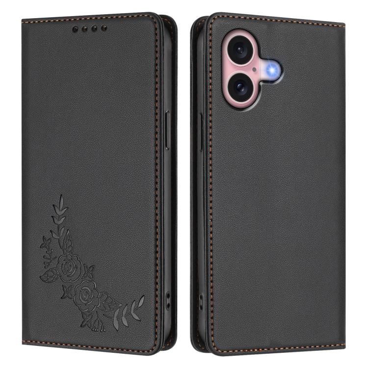 For iPhone 16 Peony Embossed Magnetic RFID Vegan Leather Phone Case