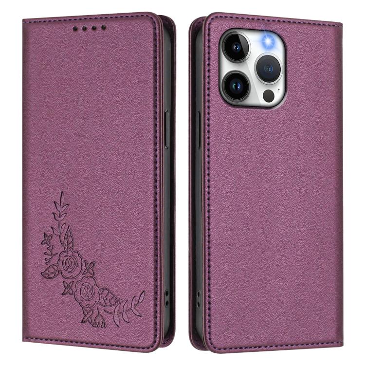 For iPhone 15 Pro Max Peony Embossed Magnetic RFID Vegan Leather Phone Case